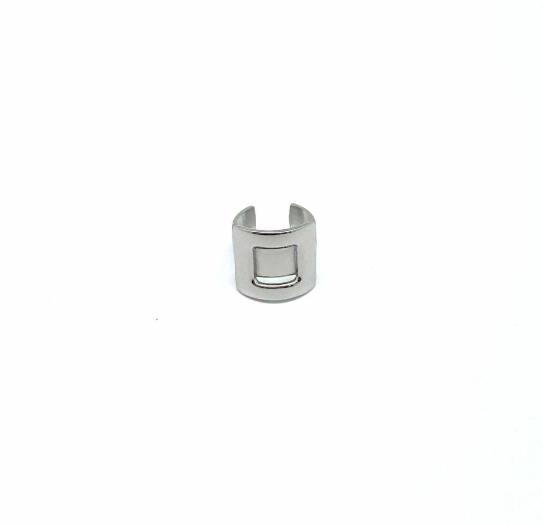 Silver cuff ring with modern square frame design