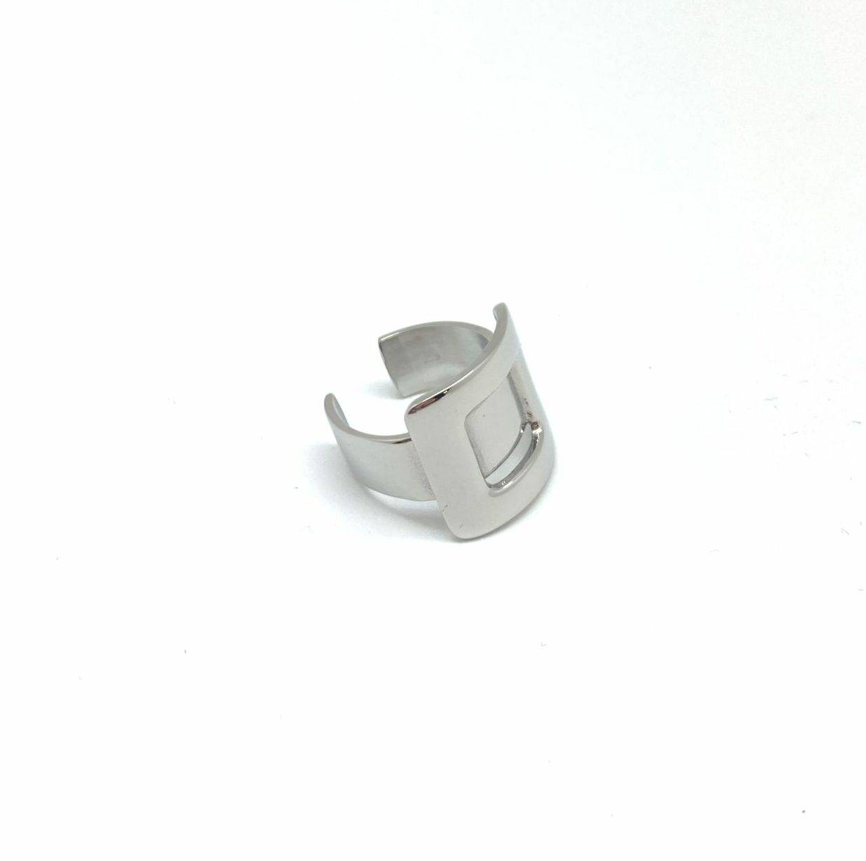 Silver cuff ring with modern square frame design