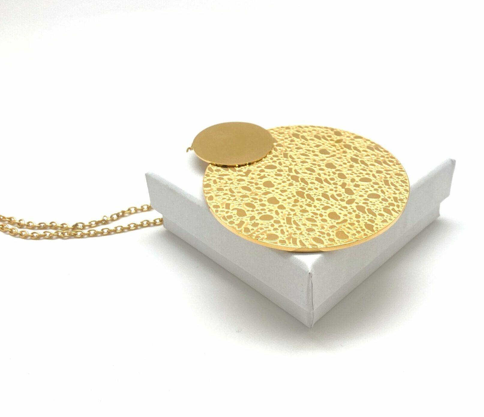 Gold long pendant necklace with textured disc