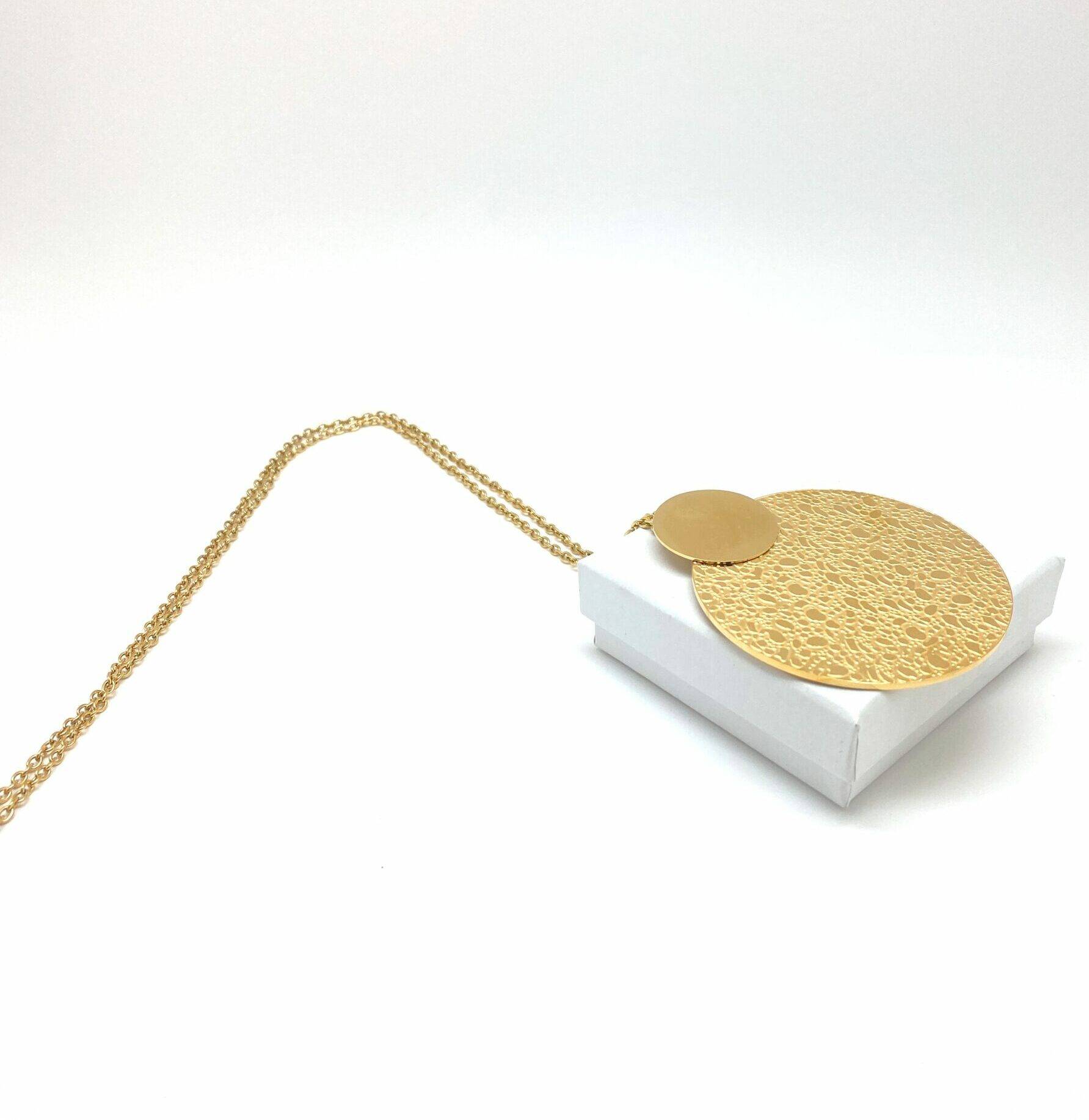 Gold long pendant necklace with textured disc