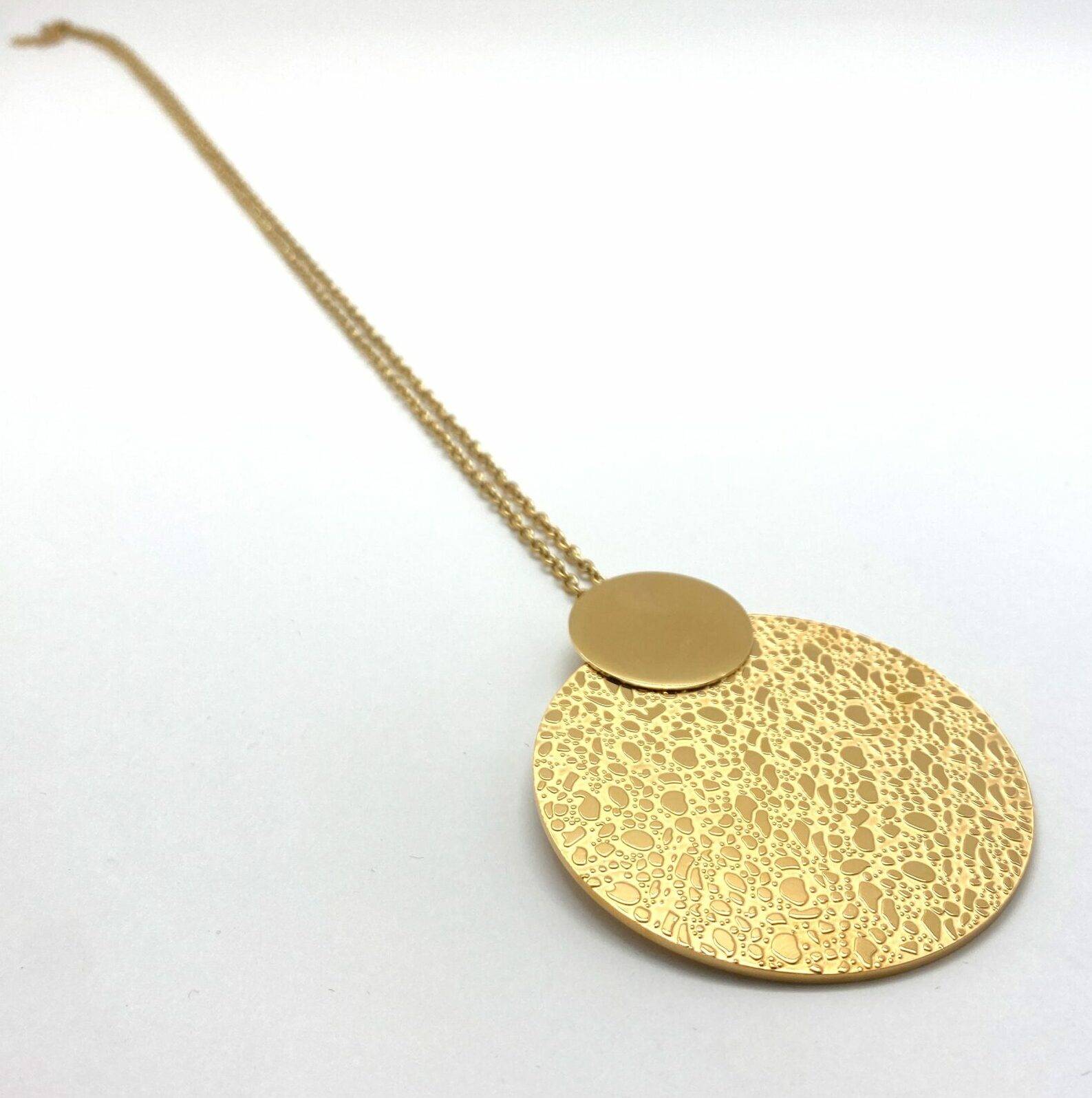 Gold long pendant necklace with textured disc