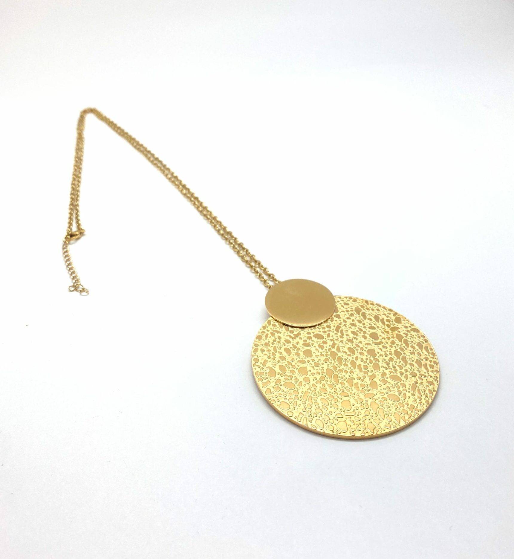 Gold long pendant necklace with textured disc