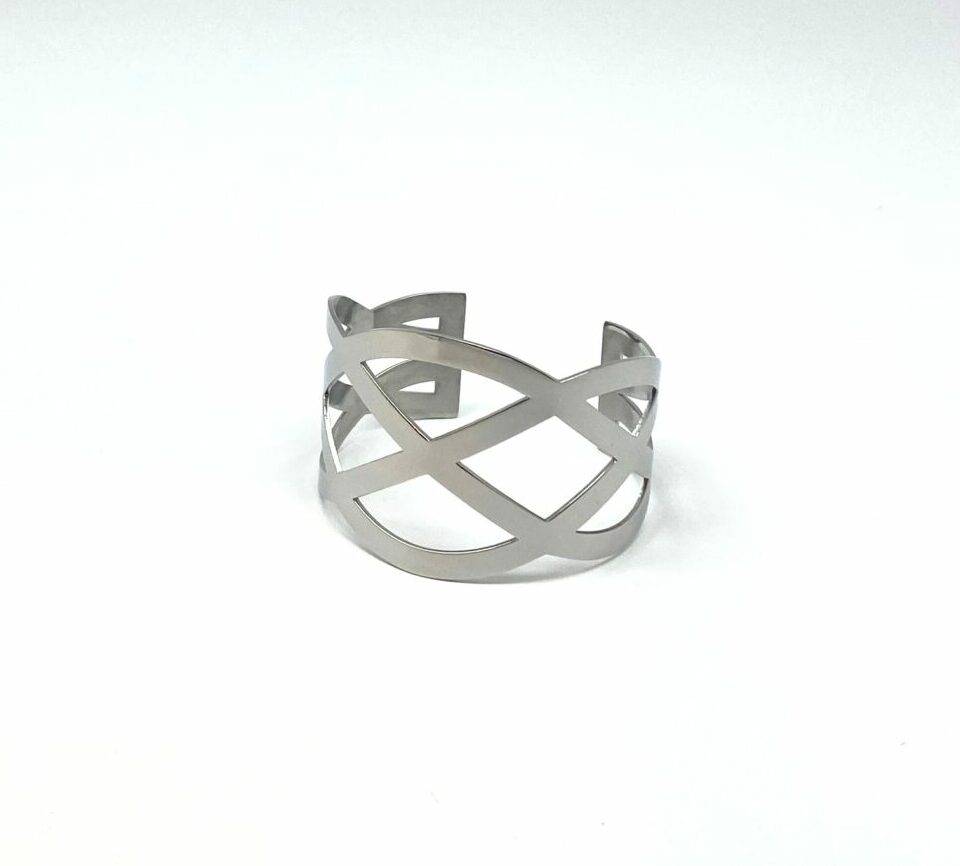 Geometric Crisscross Cuff Bracelet in polished stainless steel